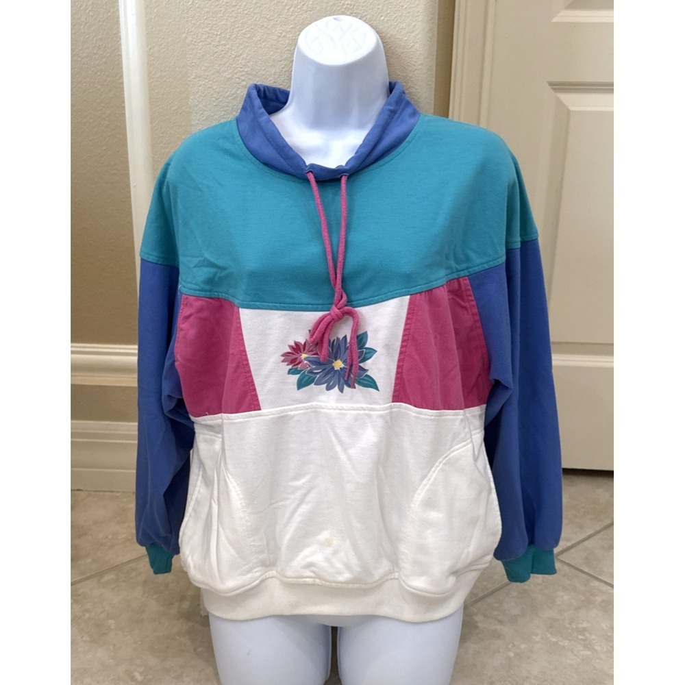 Vtg 80s Jantzen Floral Cowl Neck Sweatshirt Sz L Pastel Colorblock Pink Blue